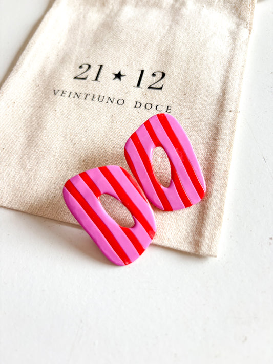 Aros Dome Rayas Verticales Rosado / Rojo