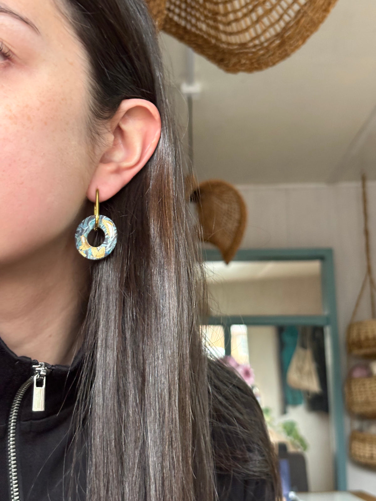 Aros Argolla Ovalada Azul / Dorado