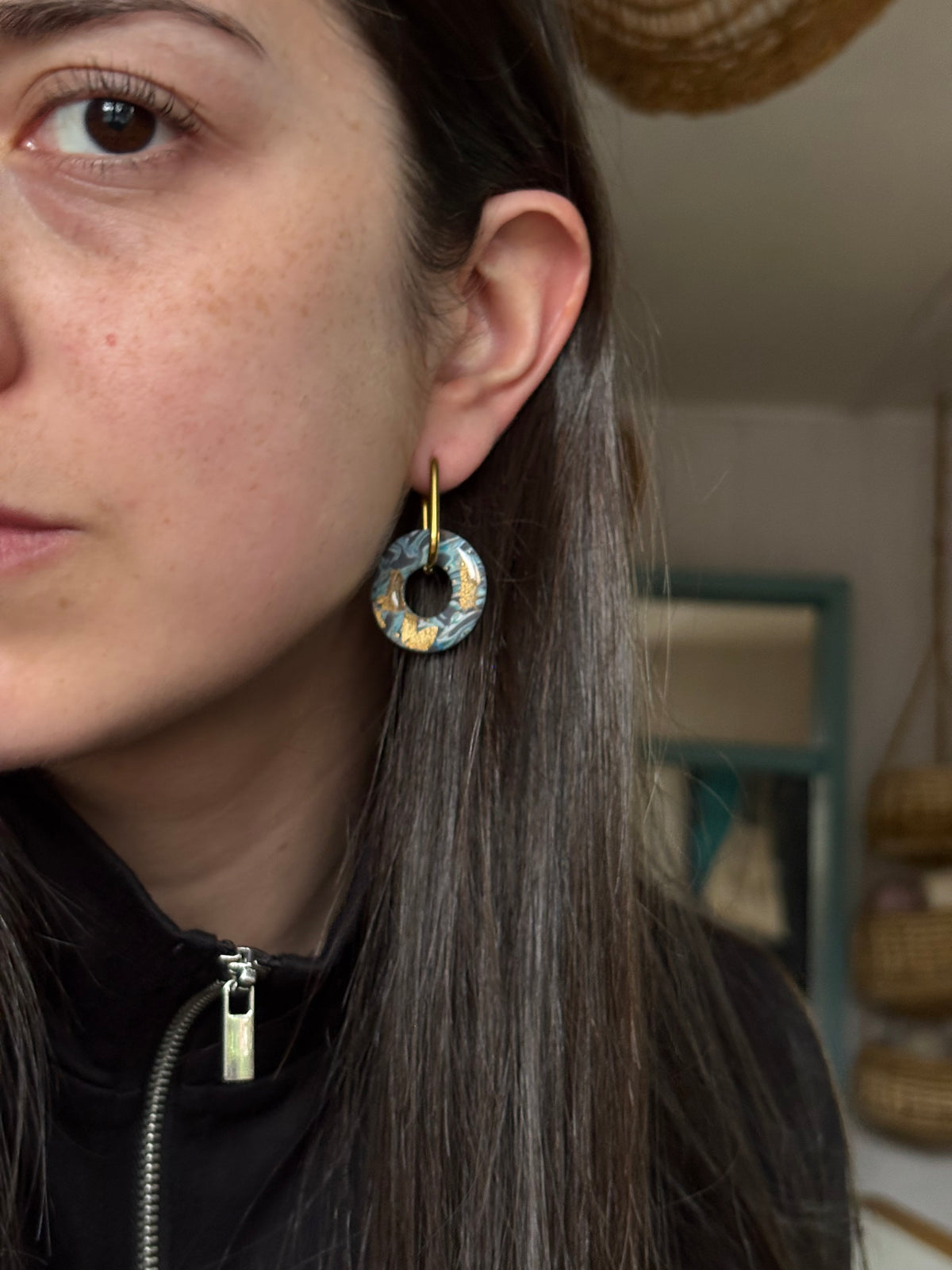 Aros Argolla Ovalada Azul / Dorado